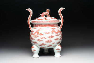 A Chinese copper-red and white 'dragon' censer and cover, 19th C.