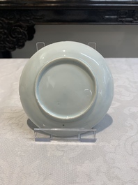 Three pairs of Chinese blue and white, famille rose and wucai saucers and plates, Tianqi and later