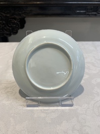 Three pairs of Chinese blue and white, famille rose and wucai saucers and plates, Tianqi and later
