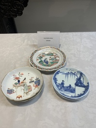 Three pairs of Chinese blue and white, famille rose and wucai saucers and plates, Tianqi and later