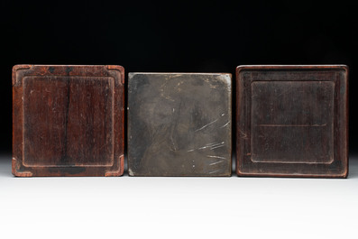 Two Chinese carved bamboo brush pots and an ink stone with wooden cover and stand, signed He Xuanting 何選廷 and Dian Liangbi 典良弼, 19th C.