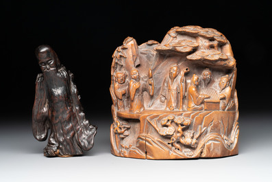 A Chinese burlwood figure of Shoulao and a boxwood group of five sages and a servant, Mugong 木公 mark, 19/20th C.