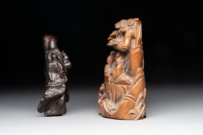 A Chinese burlwood figure of Shoulao and a boxwood group of five sages and a servant, Mugong 木公 mark, 19/20th C.