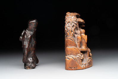 A Chinese burlwood figure of Shoulao and a boxwood group of five sages and a servant, Mugong 木公 mark, 19/20th C.