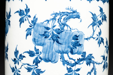 A large Chinese blue and white 'sanduo' albarello-shaped vase, Qianlong