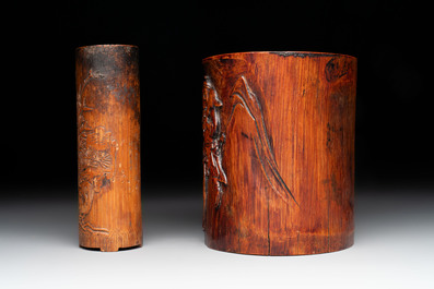 Two Chinese carved bamboo brush pots and an ink stone with wooden cover and stand, signed He Xuanting 何選廷 and Dian Liangbi 典良弼, 19th C.