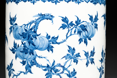 A large Chinese blue and white 'sanduo' albarello-shaped vase, Qianlong