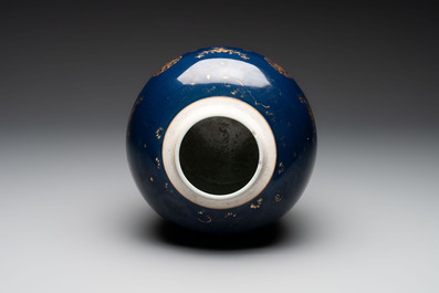 A Chinese gilt-decorated blue-ground jar and cover with floral design, Qianlong