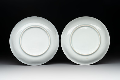 Three pairs of Chinese blue and white, famille rose and wucai saucers and plates, Tianqi and later