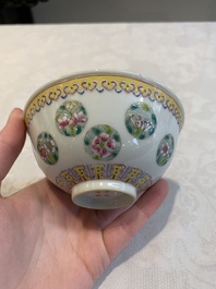 Four Chinese famille rose bowls and a blue and white bowl, Guangxu mark, 19/20th C.