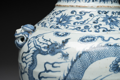 A fine Chinese blue and white 'dragon' vase with mythical-beast-shaped handles, probably Yuan