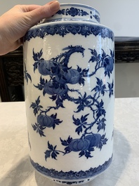A large Chinese blue and white 'sanduo' albarello-shaped vase, Qianlong