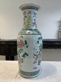 Two Chinese famille rose vases with birds among flowers and narrative design, 19th C.