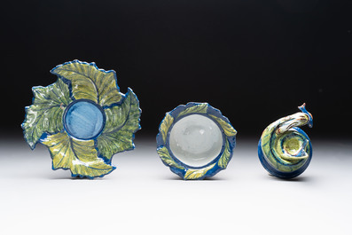 A rare polychrome Dutch Delft pike tureen and cover on stand, 18th C.