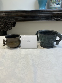 A Chinese bronze censer with Xuande mark and an archaistic vessel, 18/19th C.
