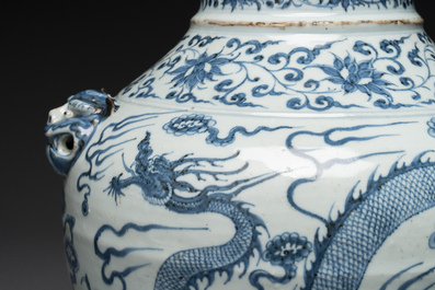 A fine Chinese blue and white 'dragon' vase with mythical-beast-shaped handles, probably Yuan
