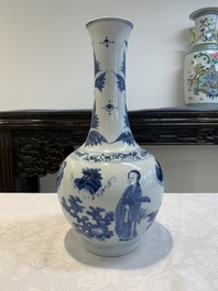 A Chinese blue and white 'immortals' bottle vase, Transitional period