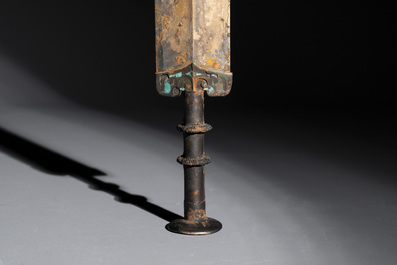 A rare Chinese turquoise-inlaid parcel-gilt bronze sword, Zhou