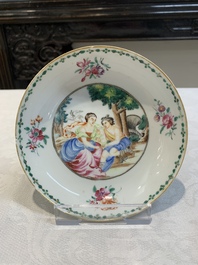 A Chinese famille rose 'Venus and Mercury' cup and saucer, Qianlong