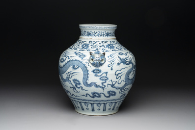 A fine Chinese blue and white 'dragon' vase with mythical-beast-shaped handles, probably Yuan