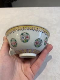 Four Chinese famille rose bowls and a blue and white bowl, Guangxu mark, 19/20th C.