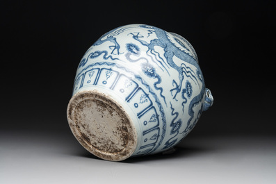 A fine Chinese blue and white 'dragon' vase with mythical-beast-shaped handles, probably Yuan