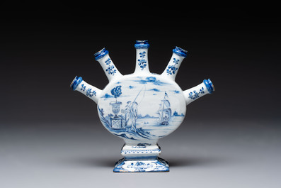 A fine and unusual blue and white Dutch Delft tulip vase, 18th C.
