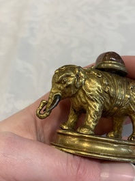 A Chinese pink quartz-inset gilt bronze elephant, 18th C.