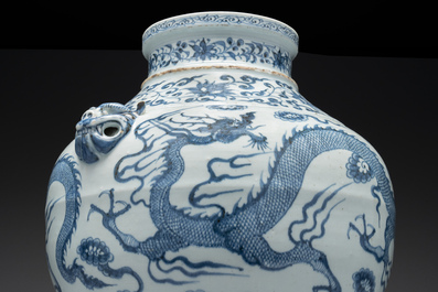 A fine Chinese blue and white 'dragon' vase with mythical-beast-shaped handles, probably Yuan