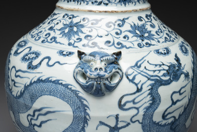 A fine Chinese blue and white 'dragon' vase with mythical-beast-shaped handles, probably Yuan
