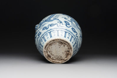 A fine Chinese blue and white 'dragon' vase with mythical-beast-shaped handles, probably Yuan
