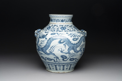 A fine Chinese blue and white 'dragon' vase with mythical-beast-shaped handles, probably Yuan