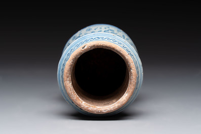 A blue and white Antwerp maiolica 'a foglie' albarello, mid 16th C.