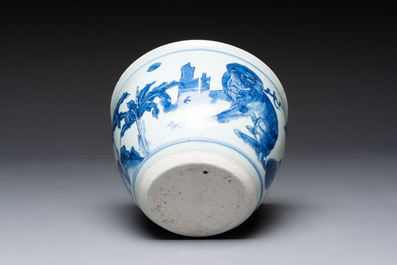 A Chinese blue and white 'Buddhist lion and elephant' scroll jar or jardini&egrave;re, Transitional period