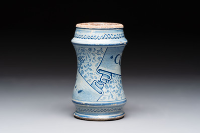 A blue and white Antwerp maiolica 'a foglie' albarello, mid 16th C.