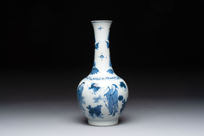 A Chinese blue and white 'immortals' bottle vase, Transitional period