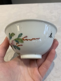 Four Chinese famille rose bowls and a blue and white bowl, Guangxu mark, 19/20th C.