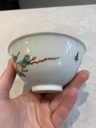 Four Chinese famille rose bowls and a blue and white bowl, Guangxu mark, 19/20th C.