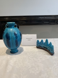 A Chinese turquoise-glazed brush rest and a Fahau vase, 18/19th C.