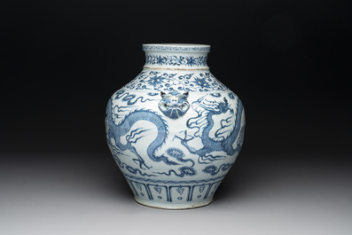 A fine Chinese blue and white 'dragon' vase with mythical-beast-shaped handles, probably Yuan