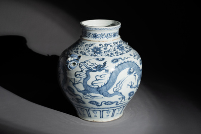 A fine Chinese blue and white 'dragon' vase with mythical-beast-shaped handles, probably Yuan