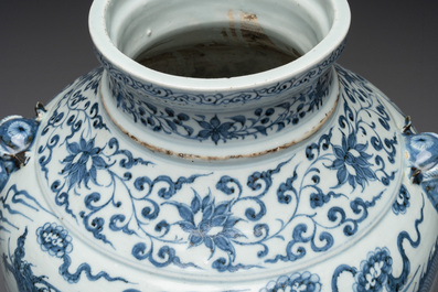 A fine Chinese blue and white 'dragon' vase with mythical-beast-shaped handles, probably Yuan