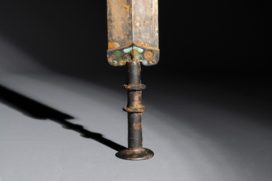 A rare Chinese turquoise-inlaid parcel-gilt bronze sword, Zhou