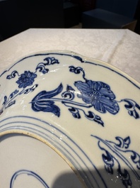 A Chinese blue and white lobed 'flower' plate and a 'phoenix and monkeys' plate, Kangxi