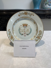 A Chinese verte-Imari plate and a famille rose armorial alliance plate, Qianlong