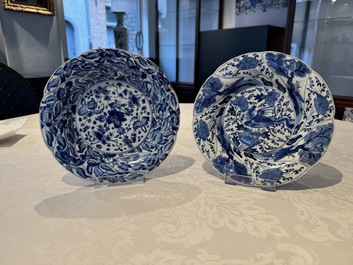 A Chinese blue and white lobed 'flower' plate and a 'phoenix and monkeys' plate, Kangxi