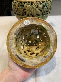 A Chinese sancai-glazed reticulated double-walled tripod censer and cover, Ming