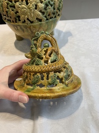 A Chinese sancai-glazed reticulated double-walled tripod censer and cover, Ming