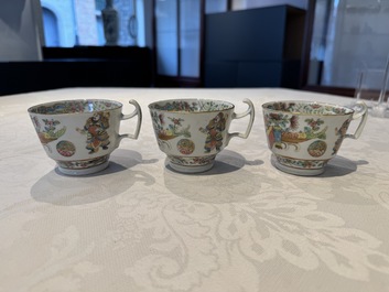 14 Chinese Canton famille rose 'Wu Shuang Pu-style' cups and saucers, 19th C.