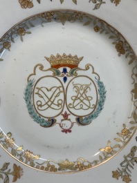 A Chinese verte-Imari plate and a famille rose armorial alliance plate, Qianlong